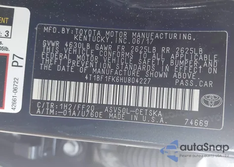 2017 Toyota Camry Se z USA, uszkodzony, nr VIN 4T1BF1FK6HU804227